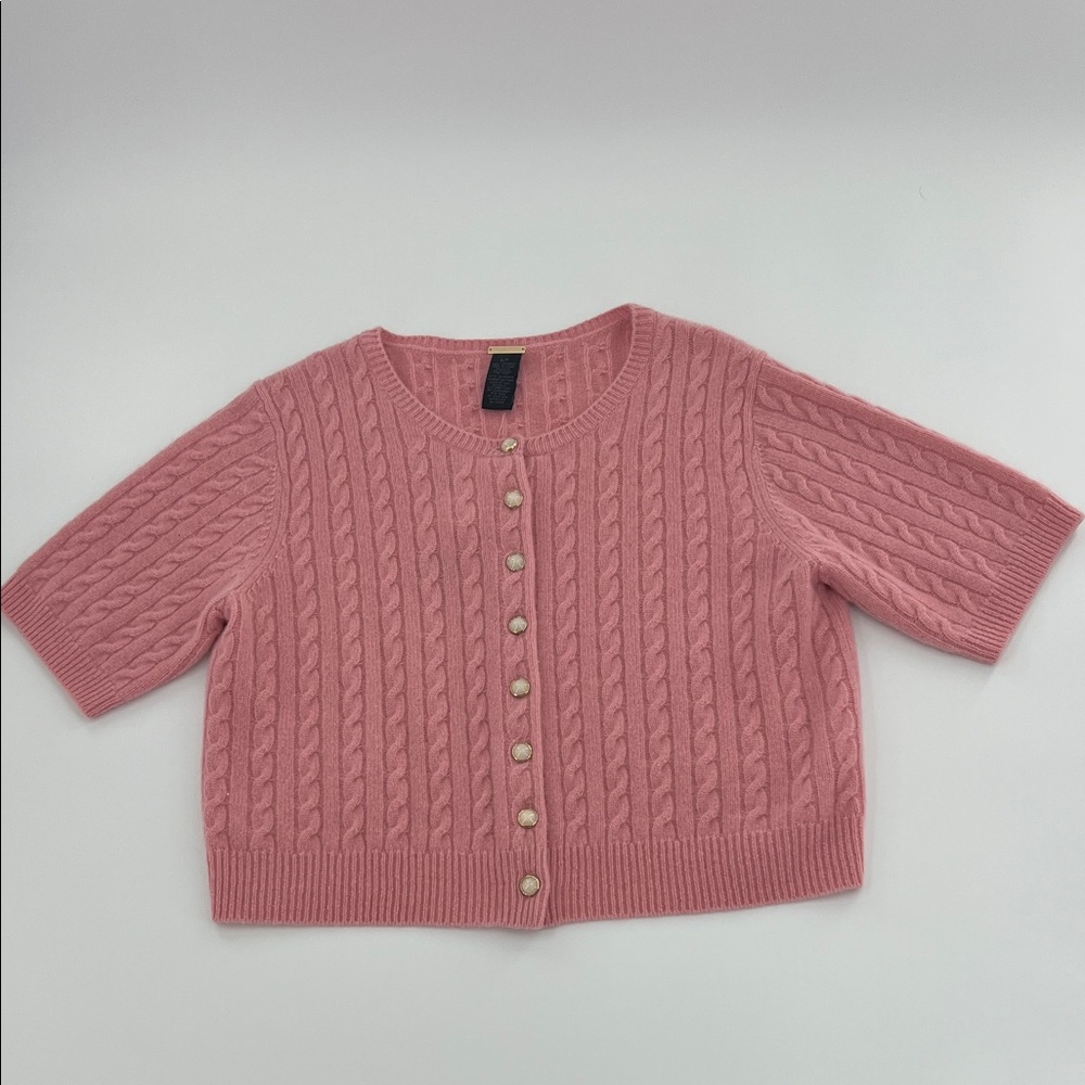 Magaschoni Rose Pink Cable-Knit Short Sleeve Cashmere‎ Cardigan Sm NWT